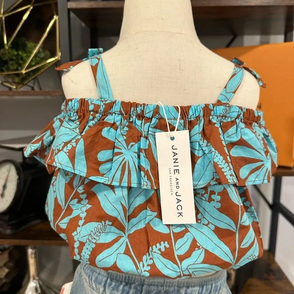 NWT Janie and Jack Floral Cold-Shoulder Top- Blue and Brown - Picture 2 of 5